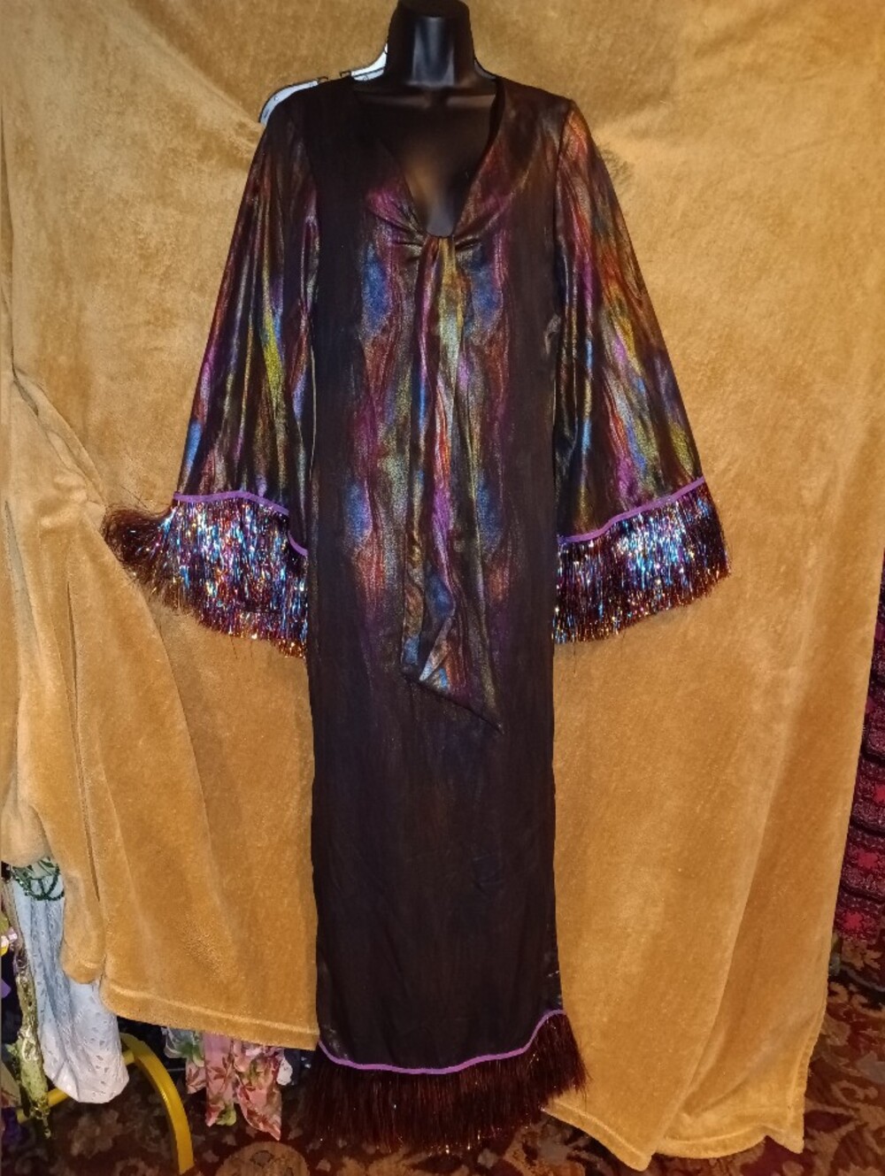 Nasty Gal Maxi Oil Slick Iridescent Black Fringe Maxi Dress Sz 6